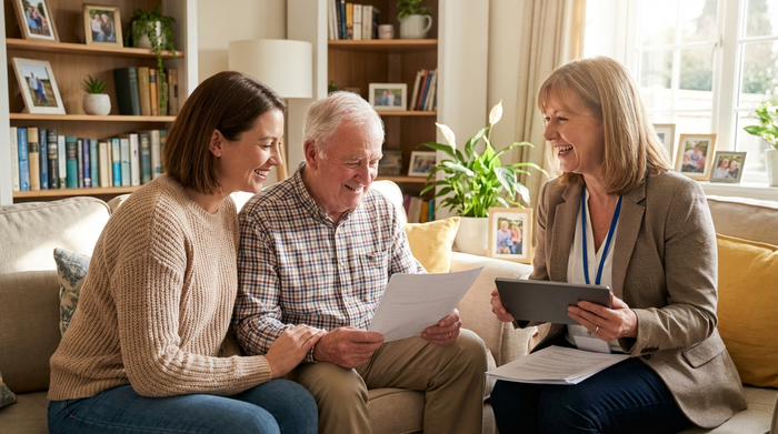Eine erwachsene Tochter und ihr älterer Vater sitzen entspannt auf dem Sofa und besprechen lächelnd Unterlagen mit einer freundlichen Pflegeberaterin.