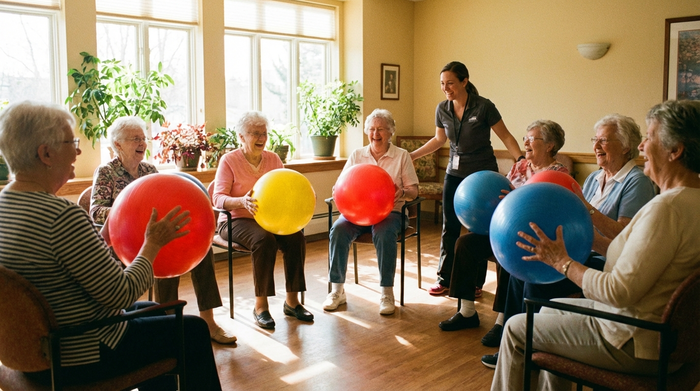 Eine Gruppe fröhlicher Senioren sitzt im Kreis in einem sonnigen Raum und macht leichte Gymnastikübungen mit bunten Bällen, angeleitet von einer engagierten Betreuerin.