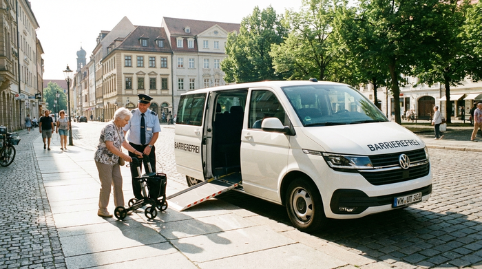 Ein geräumiger, moderner weißer Kleinbus mit ausgefahrener Rampe steht an einem sonnigen Vormittag an einem Bürgersteig. Ein freundlicher Fahrer hilft einer älteren Dame mit Rollator beim sicheren Einstieg. Fotorealistisch, helles Tageslicht, städtische Umgebung.