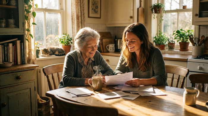 Eine ältere Dame und ihre Tochter sitzen entspannt am Küchentisch und schauen lächelnd auf einige Papiere. Eine Tasse Kaffee steht auf dem Tisch, warme Sonnenstrahlen fallen durch das Fenster. Entspannte, sorgenfreie Stimmung.