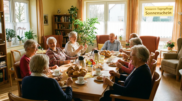 Eine fröhliche Gruppe von Senioren sitzt gemeinsam am Frühstückstisch in einem hellen, gemütlichen Aufenthaltsraum einer Tagespflegeeinrichtung. Auf dem Tisch stehen frische Brötchen und Kaffee. Lebhafte und gesellige Atmosphäre.