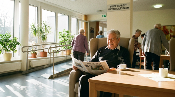 Ein lächelnder älterer Herr mit grauen Haaren liest morgens entspannt eine Zeitung in einem hellen, barrierefreien Aufenthaltsraum. Neben ihm steht eine frische Tasse Kaffee auf einem Holztisch.