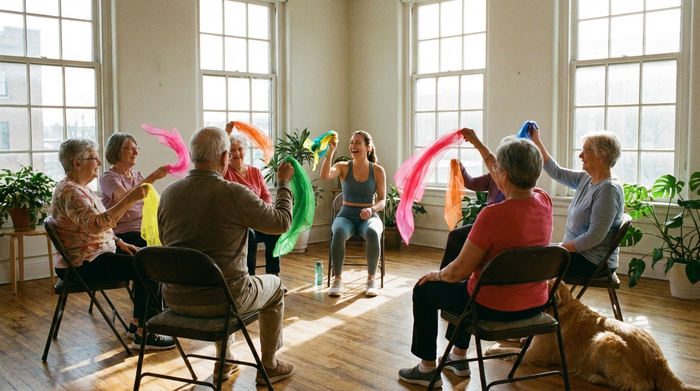 Eine Gruppe von Senioren sitzt in einem Stuhlkreis in einem lichtdurchfluteten Raum und macht leichte Gymnastikübungen mit bunten Tüchern. Eine motivierte Therapeutin in der Mitte macht die Bewegungen vor.