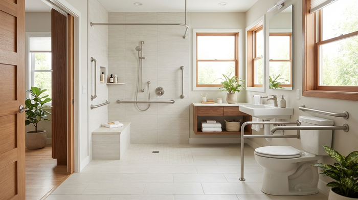 Ein modernes, helles und komplett barrierefreies Badezimmer mit stabilen Haltegriffen an den Wänden, einer bodengleichen Dusche und rutschfesten hellen Fliesen. Einladendes und sehr sicheres Design für Senioren.