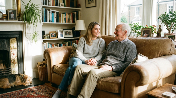 Eine erwachsene Tochter und ihr älterer Vater sitzen entspannt auf einem gemütlichen Sofa zu Hause, lächeln sich liebevoll an und halten sich an den Händen. Friedliche und entlastete Stimmung im Wohnzimmer.
