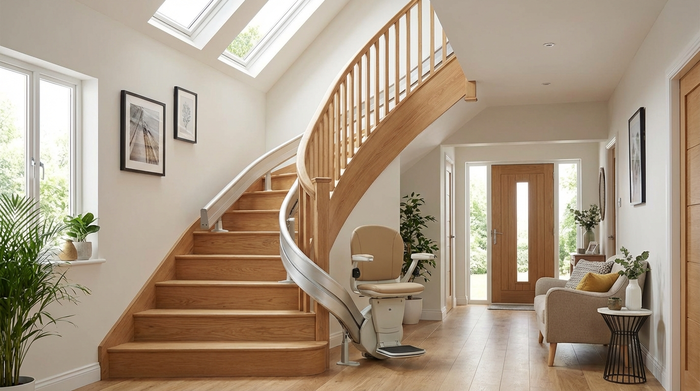 Ein moderner elektrischer Treppenlift fährt an einer geschwungenen Holztreppe in einem gepflegten, hellen Einfamilienhaus entlang. Die Umgebung ist ordentlich, sicher und einladend gestaltet.