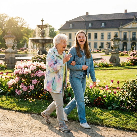Eine rüstige Seniorin und eine junge Alltagsbegleiterin spazieren fröhlich lachend durch die sonnigen Herrenhäuser Gärten in Hannover. Beide tragen leichte Übergangsjacken und genießen die blühende Natur.