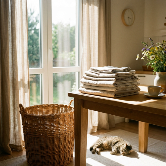 Ein ordentlich gefalteter Stapel frischer Wäsche liegt auf einem sauberen Holztisch in einem sonnendurchfluteten Raum. Daneben steht ein geflochtener Wäschekorb.