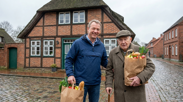 Ein freundlicher Mann mittleren Alters hilft einem älteren Herrn beim Tragen von Papiertüten mit frischen Lebensmitteln vor einem typisch norddeutschen Backsteinhaus.