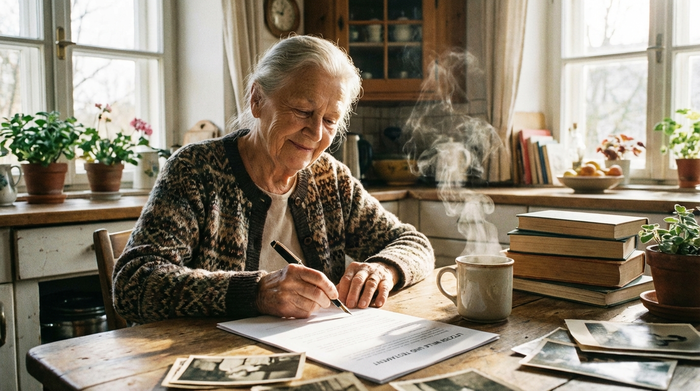 Eine ältere Frau sitzt entspannt an ihrem Küchentisch und unterschreibt mit einem Füller ein wichtiges Dokument. Neben ihr steht eine dampfende Kaffeetasse.