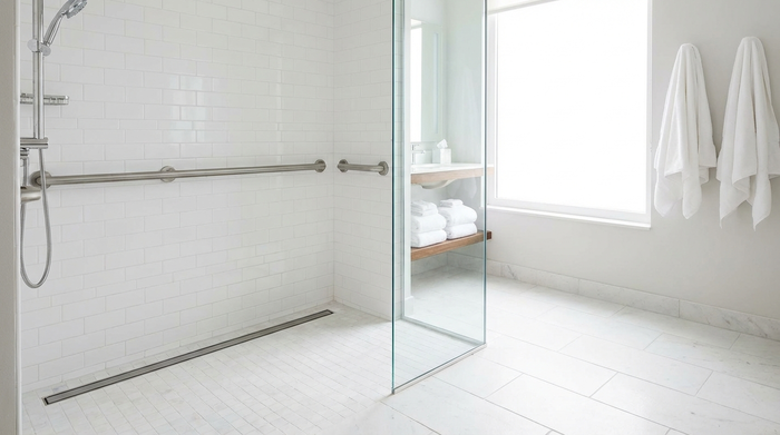 Ein helles, blitzblank geputztes Badezimmer mit barrierefreier, bodengleicher Dusche und stabilen Haltegriffen. Weiße Handtücher liegen ordentlich bereit.