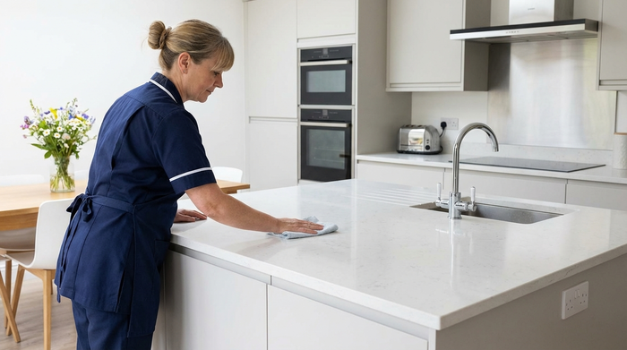 Eine saubere, moderne Küche mit glänzenden Arbeitsflächen. Eine fleißige Haushaltshilfe in praktischer Kleidung wischt mit einem weichen Tuch über den Küchentisch. Im Hintergrund steht ein frischer Blumenstrauß, die Szene wirkt ordentlich und hygienisch.