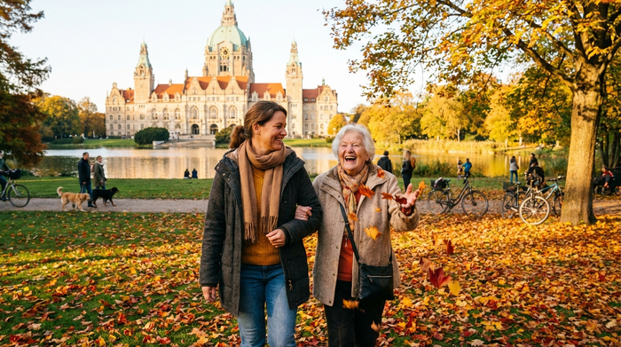 Ein sonniger Park in Hannover im Herbst. Eine einfühlsame Alltagsbegleiterin spaziert gemütlich Arm in Arm mit einer älteren Dame durch das bunte Laub. Beide lachen fröhlich, die Stimmung ist unbeschwert und voller Lebensfreude.