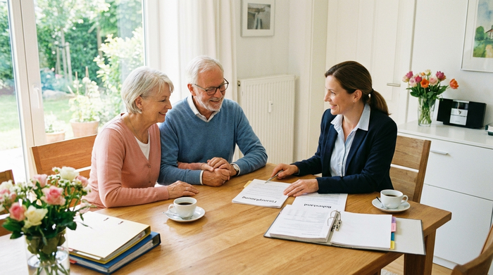 Ein älteres Ehepaar sitzt am heimischen Esstisch und schaut gemeinsam mit einer freundlichen Beraterin auf einige sortierte Dokumente. Die Szene ist hell, aufgeräumt und strahlt Zuversicht und Erleichterung aus.