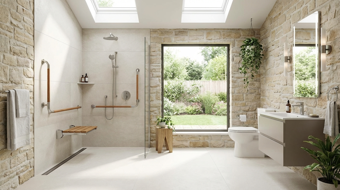 Ein stilvolles, barrierefreies Badezimmer mit einer modernen, bodengleichen Dusche und eleganten Haltegriffen. Ein sicherer Duschsitz ist an der Wand montiert. Der Raum ist lichtdurchflutet und vermittelt ein Gefühl von Sicherheit und Komfort.