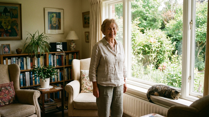 Eine glückliche, ältere Frau steht entspannt an ihrem Fenster und blickt zufrieden in den grünen Garten. Die Wohnung im Hintergrund ist sauber und gemütlich eingerichtet. Die Szene strahlt tiefe Geborgenheit und Unabhängigkeit im Alter aus.