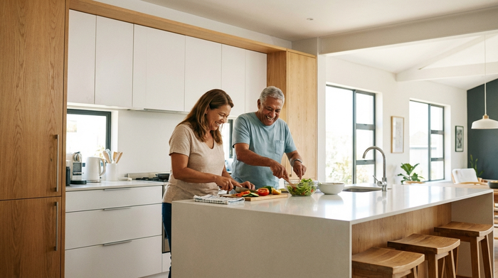 Eine liebevolle Betreuungskraft hilft einem älteren Herrn beim gemeinsamen Zubereiten eines frischen Salats in einer sauberen, modernen Küche. Beide lachen, helle und freundliche Umgebung ohne sichtbaren Text.