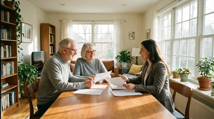 Ein älteres Ehepaar sitzt mit einer Beraterin am Esstisch und bespricht entspannt Dokumente. Helles Wohnzimmer, seriöse und vertrauensvolle Stimmung, keine lesbaren Texte auf den Papieren.