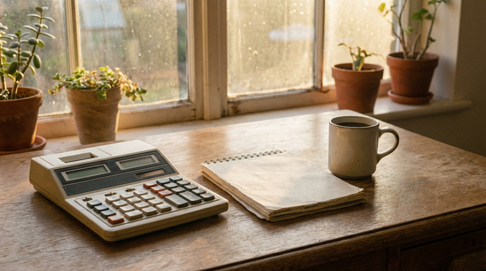Ein Taschenrechner, ein Notizblock und eine Tasse Kaffee auf einem aufgeräumten Holzschreibtisch, weiches Morgenlicht fällt durch das Fenster. Ruhige Atmosphäre, keine lesbaren Zahlen oder Schriften.