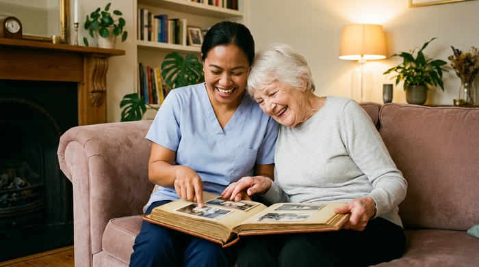 Eine ausländische Betreuungskraft und eine Seniorin betrachten gemeinsam ein altes Fotoalbum auf einem gemütlichen Sofa. Herzliche, verbindende Interaktion, wohnliches und warmes Ambiente.