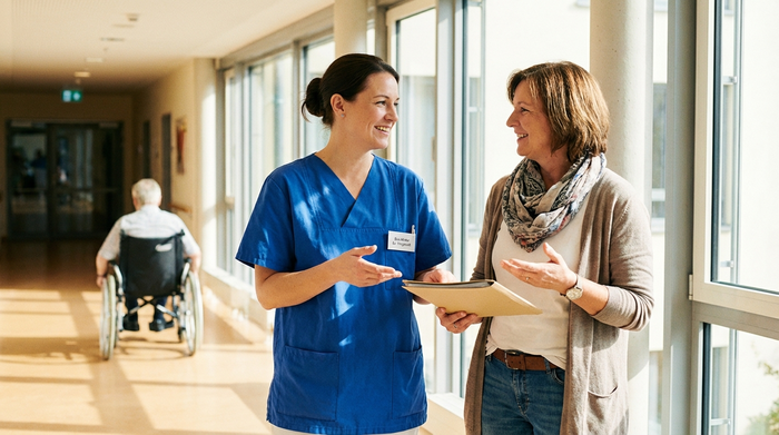 Eine examinierte Pflegekraft in blauem Kasack und eine Betreuungskraft in Alltagskleidung unterhalten sich freundlich im Flur eines Hauses. Professionelle, kooperative Atmosphäre, helles Tageslicht.