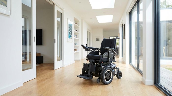 Ein moderner elektrischer Rollstuhl steht in einem barrierefreien, hellen Flur eines modernen Hauses. Glatter Holzboden, breite Türen, aufgeräumte und saubere Umgebung, Tageslicht, keine Schriften im Bild.