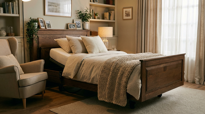 Ein komfortables, elektrisch höhenverstellbares Pflegebett in einem gemütlich eingerichteten Schlafzimmer. Das Bett hat eine hochwertige Holzverkleidung und weiche Bettwäsche. Keine medizinische Krankenhausatmosphäre, sondern ein wohnliches, warmes Zuhause.