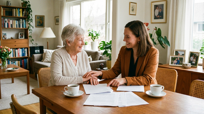 Eine ältere Person und eine freundliche Beraterin sitzen gemeinsam an einem Esstisch und besprechen Dokumente. Professionelle und vertrauensvolle Beratungssituation in einem privaten Wohnzimmer, helle und positive Stimmung, authentische Szene.