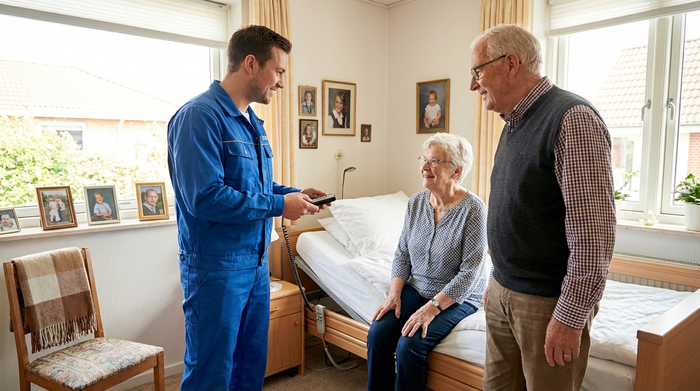 Ein Servicetechniker in sauberer Arbeitskleidung erklärt einem Seniorenpaar geduldig die Funktionen eines neuen Pflegebettes im heimischen Schlafzimmer. Freundliche Interaktion, helle Ausleuchtung, realistische Szene ohne Text.