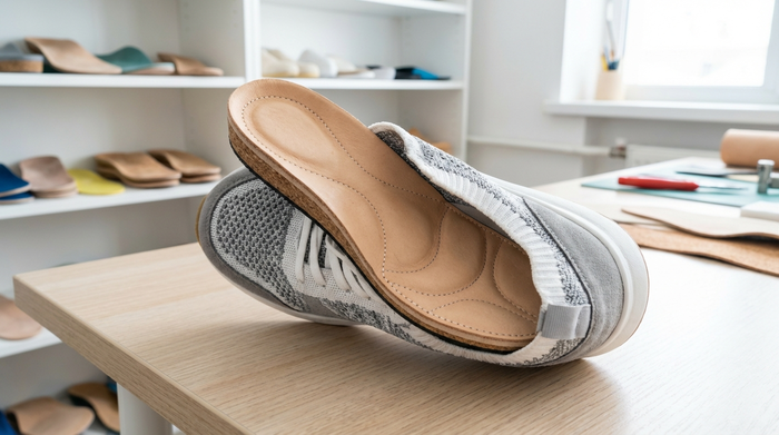 Eine professionelle, passgenaue orthopädische Einlage liegt in einem modernen, bequemen Sneaker. Helles, sauberes Umfeld in einem Sanitätshaus, fokussiert auf die hochwertige Verarbeitung und das weiche Material der Sohle.