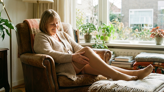 Eine ältere Dame sitzt entspannt auf einem gemütlichen Sessel in einem hellen Wohnzimmer und streicht lächelnd über ihr Bein, das einen perfekt sitzenden, hautfarbenen Kompressionsstrumpf trägt.