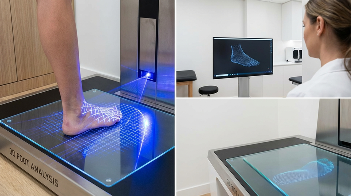 Ein moderner 3D-Fußscanner in einem sauberen, professionellen Sanitätshaus. Ein Fuß steht auf der beleuchteten Glasplatte des Scanners, während sanftes blaues Licht die Konturen präzise und berührungslos erfasst.