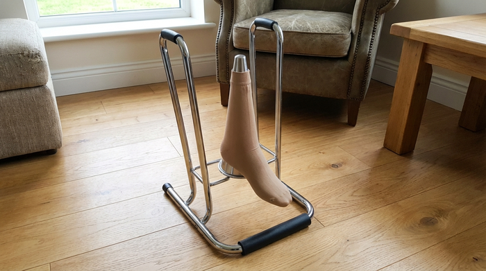 Ein praktisches Metallgestell als Anziehhilfe für Kompressionsstrümpfe steht auf einem hellen Holzboden. Ein hautfarbener Strumpf ist bereits ordentlich darüber gestülpt, bereit zum einfachen Hineinschlüpfen.