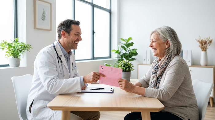 Ein sympathischer Arzt im weißen Kittel überreicht einer lächelnden älteren Dame in einer hellen, modernen Arztpraxis ein rosa Rezeptformular. Beide sitzen sich an einem aufgeräumten Schreibtisch gegenüber.