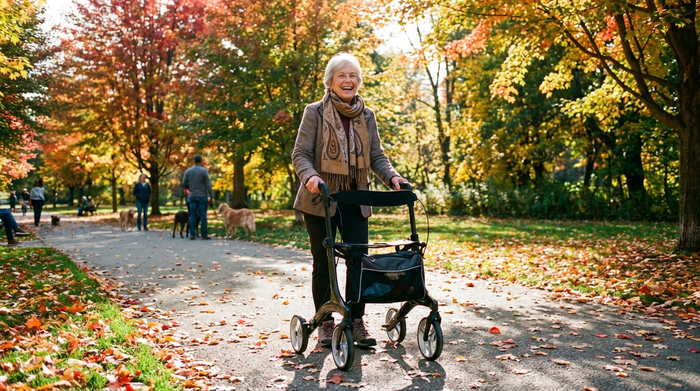 Eine aktive Seniorin spaziert an einem sonnigen Herbsttag mit einem modernen, ultraleichten Carbon-Rollator durch einen gepflegten Park. Buntes Laub liegt auf dem Weg, die Frau trägt einen eleganten Schal und lächelt zufrieden.
