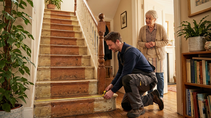 Ein freundlicher Techniker in Arbeitskleidung misst mit einem Maßband die Stufen einer Holztreppe in einem gemütlichen Einfamilienhaus aus. Eine ältere Dame steht im Hintergrund und beobachtet ihn interessiert.