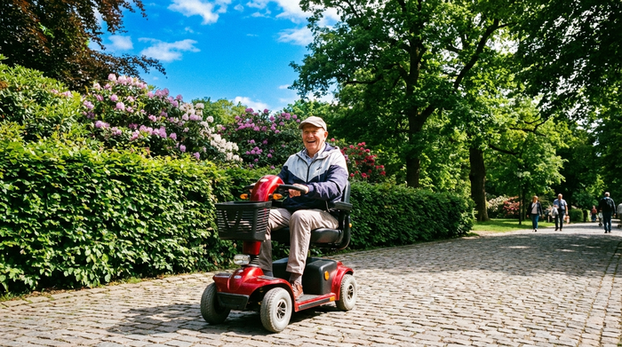 Ein rüstiger Rentner fährt mit einem roten Elektromobil auf einem gepflasterten Weg durch eine schöne Parkanlage. Im Hintergrund sind grüne Hecken und ein strahlend blauer Himmel zu sehen.