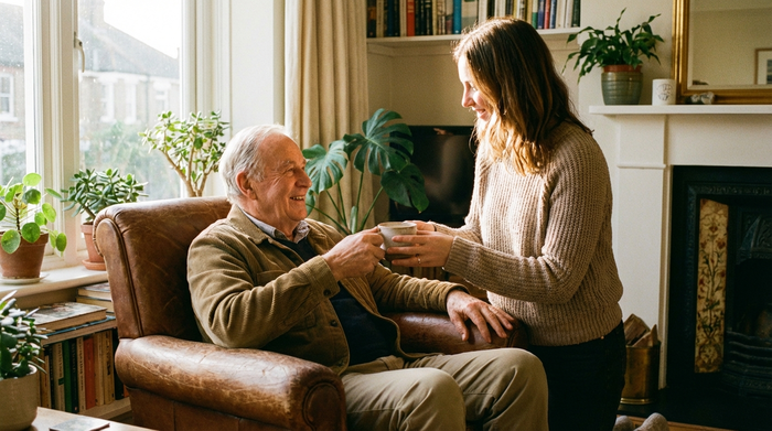Ein älterer Herr sitzt entspannt in seinem bequemen Sessel im hellen Wohnzimmer, während seine Tochter ihm liebevoll eine Tasse Kaffee reicht. Warme Sonnenstrahlen fallen durch das große Fenster.
