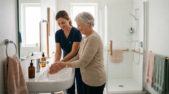Eine einfühlsame Pflegekraft wäscht behutsam die Hände einer Seniorin an einem sauberen, modernen Waschbecken. Das Badezimmer ist hell und barrierefrei eingerichtet, die Stimmung ist ruhig und respektvoll.