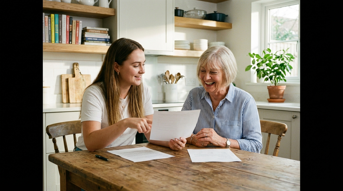 Zwei Frauen sitzen an einem Holztisch und betrachten gemeinsam lächelnd einige Dokumente. Die jüngere Frau erklärt der älteren Dame geduldig die Details. Im Hintergrund ist eine aufgeräumte Küche zu sehen.