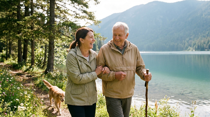Eine fröhliche Alltagsbegleiterin spaziert an einem sonnigen Nachmittag gemeinsam mit einem Senior am Ufer eines ruhigen Sees. Beide tragen leichte Jacken und genießen die frische Luft und die Natur.