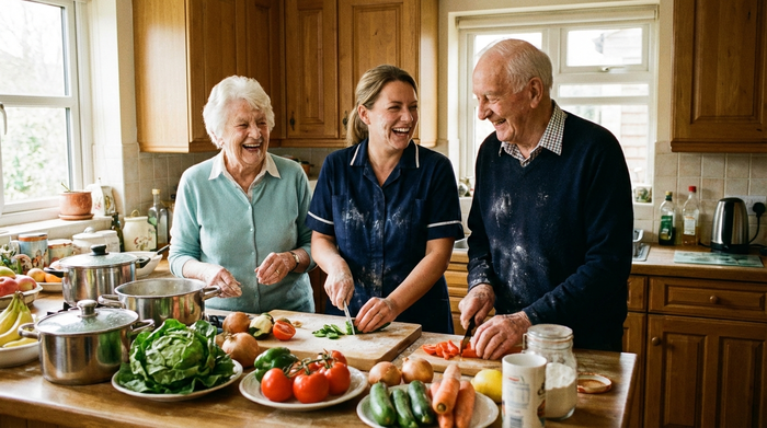 Eine engagierte Betreuungskraft kocht gemeinsam mit einem älteren Ehepaar in einer gemütlichen Küche. Frisches Gemüse liegt auf der Arbeitsfläche, alle drei lachen herzlich miteinander.