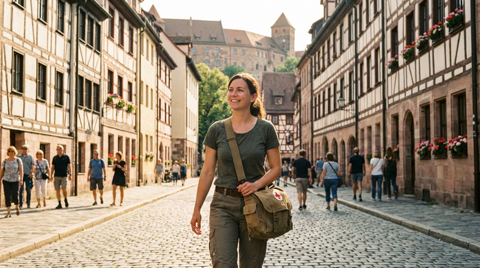 Eine moderne Pflegekraft mit einer umgehängten Pflegetasche geht an einem sonnigen Tag durch eine malerische Straße in der Nürnberger Altstadt mit historischen Fachwerkhäusern im Hintergrund. Realistische Szene, freundliche Stimmung, keine Schilder.