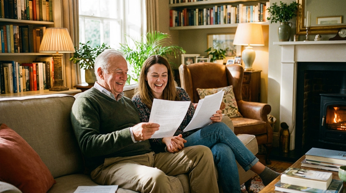 Ein älterer Herr betrachtet gemeinsam mit seiner Tochter entspannt einige Unterlagen auf dem Sofa in einem hellen Wohnzimmer. Beide wirken erleichtert und zufrieden. Warme Beleuchtung, gemütliches Interieur, keine lesbaren Texte.