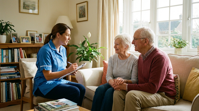 Eine erfahrene Pflegedienstleiterin im Gespräch mit einem älteren Ehepaar in deren Wohnzimmer. Die Pflegekraft macht sich Notizen auf einem Klemmbrett. Vertrauensvoller Blickkontakt, empathische Körpersprache, helles Tageslicht.
