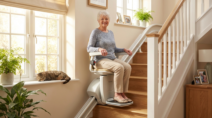 Eine glückliche Seniorin fährt mit einem modernen Treppenlift mühelos eine Holztreppe in einem gepflegten Einfamilienhaus hinauf. Sie lächelt sicher. Helle, freundliche Umgebung, hohe Qualität, fotorealistisch.