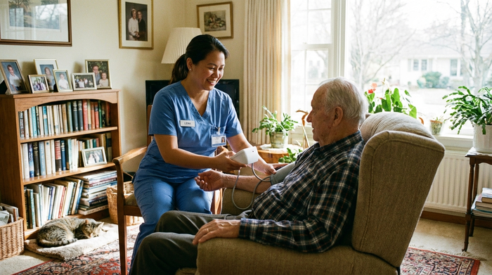 Eine professionelle Pflegekraft in blauer Dienstkleidung misst behutsam den Blutdruck eines älteren Herrn in seinem gemütlichen Zuhause. Realistische, medizinische Alltagsszene, hell und freundlich.
