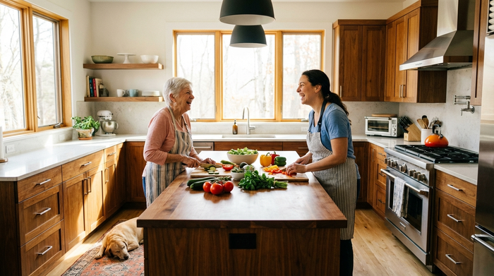 Eine ältere Frau und ihre Betreuerin kochen gemeinsam lachend in einer modernen Küche. Frisches Gemüse liegt auf der Arbeitsplatte. Lebendige, warme Szene, realistisch.
