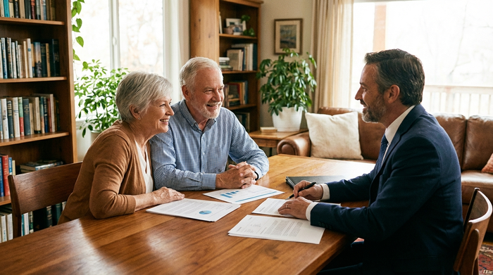 Ein älteres Ehepaar sitzt gemeinsam mit einem Berater an einem Holztisch und bespricht entspannt Dokumente. Helles Licht, vertrauensvolle Atmosphäre, professionelle Beratungssituation ohne lesbaren Text.