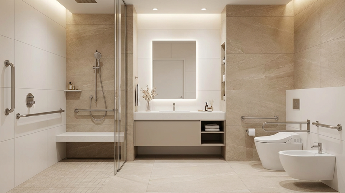 Ein sicheres, modernes Badezimmer für Senioren mit einer bodengleichen Dusche und eleganten Haltegriffen. Hell gefliest, sauber, barrierefrei und stilvoll eingerichtet.